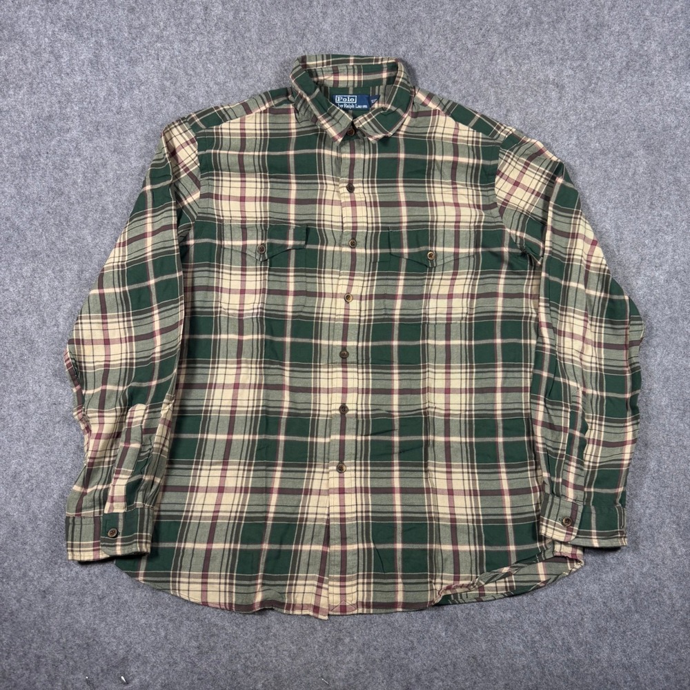 Polo Ralph Lauren Shirt Mens XL Green Plaid Flannel Long Sleeve Button Pockets